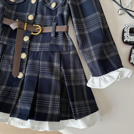 Toddler Plaid Long Sleeve Ruffle Collar Dress with PU Leather Buckle Belt