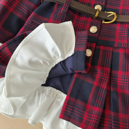 Toddler Plaid Long Sleeve Ruffle Collar Dress with PU Leather Buckle Belt