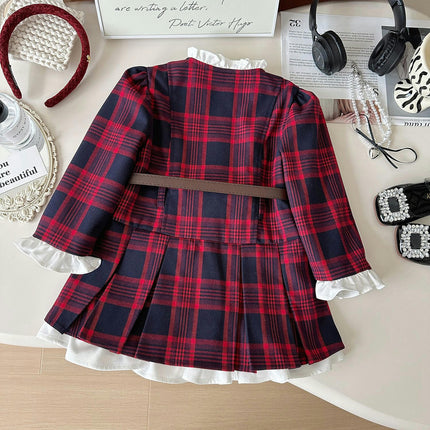 Toddler Plaid Long Sleeve Ruffle Collar Dress with PU Leather Buckle Belt