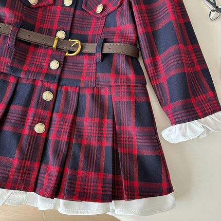 Toddler Plaid Long Sleeve Ruffle Collar Dress with PU Leather Buckle Belt