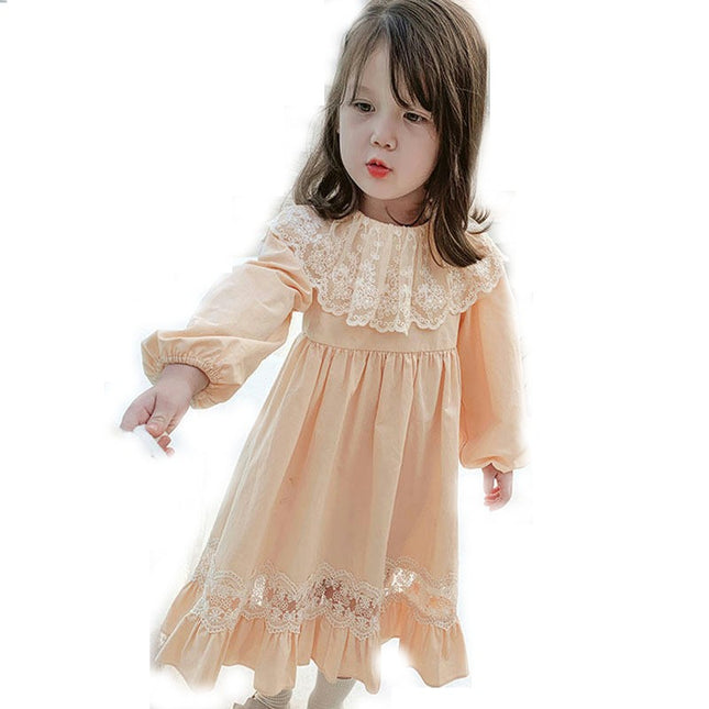 Spring Long Sleeve Girls Princess Dress Lace Peter Lapel Fashion Party Dress