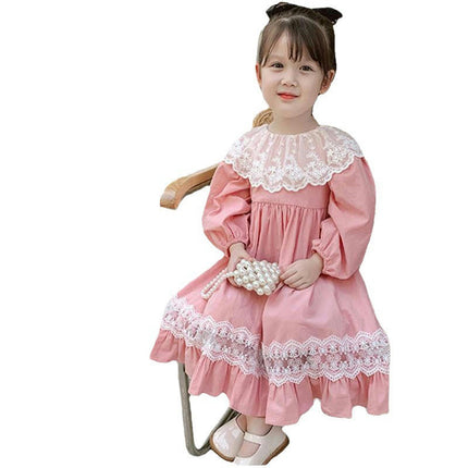 Spring Long Sleeve Girls Princess Dress Lace Peter Lapel Fashion Party Dress