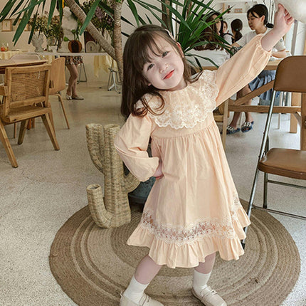 Spring Long Sleeve Girls Princess Dress Lace Peter Lapel Fashion Party Dress