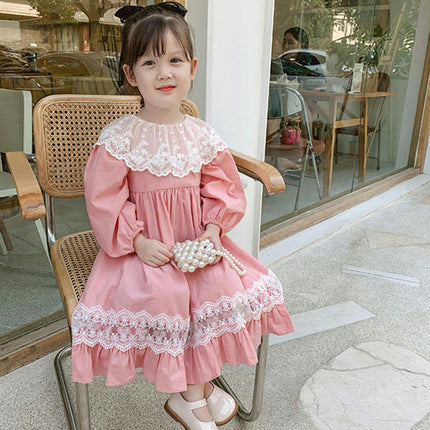 Spring Long Sleeve Girls Princess Dress Lace Peter Lapel Fashion Party Dress