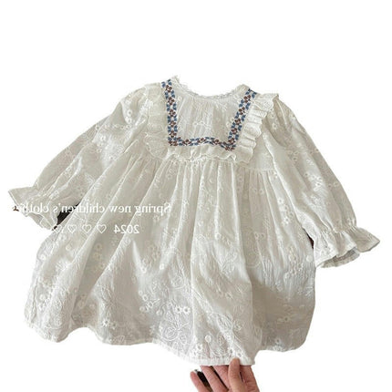 Girl Princess Dress Spring Lace Round Neck Long Sleeve Embroidered Dress