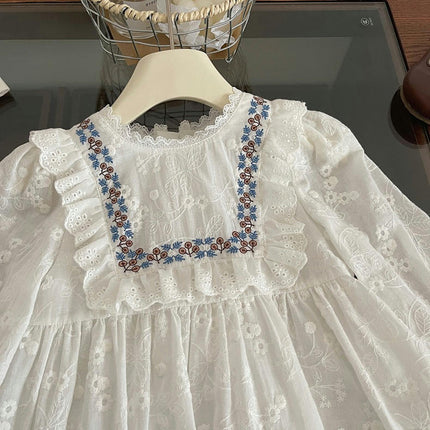 Girl Princess Dress Spring Lace Round Neck Long Sleeve Embroidered Dress