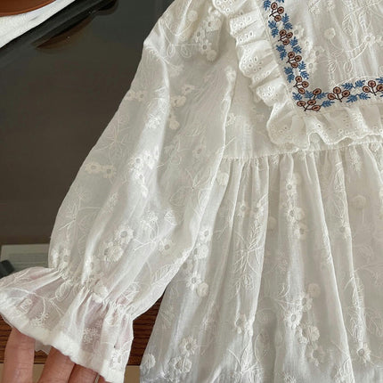 Girl Princess Dress Spring Lace Round Neck Long Sleeve Embroidered Dress