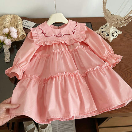 Children's Long-sleeved Princess Dress With Large Lapel and Ruffled Lace Skirt