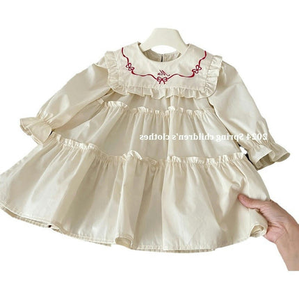 Children's Long-sleeved Princess Dress With Large Lapel and Ruffled Lace Skirt