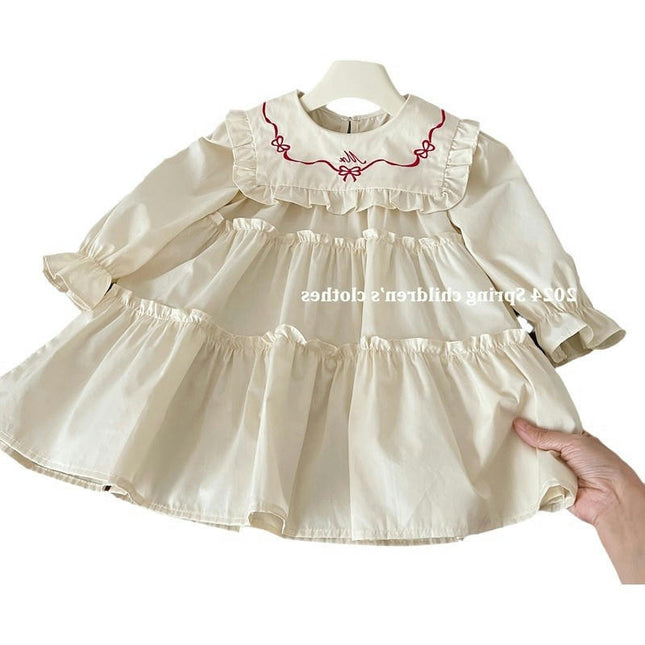 Children's Long-sleeved Princess Dress With Large Lapel and Ruffled Lace Skirt
