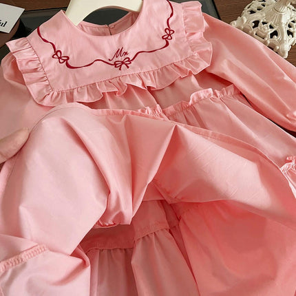 Children's Long-sleeved Princess Dress With Large Lapel and Ruffled Lace Skirt