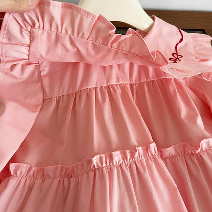 Children's Long-sleeved Princess Dress With Large Lapel and Ruffled Lace Skirt