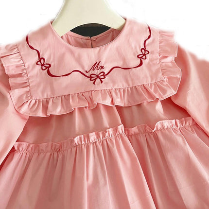 Children's Long-sleeved Princess Dress With Large Lapel and Ruffled Lace Skirt
