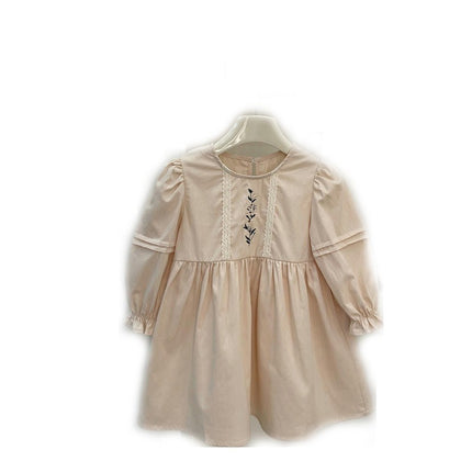 Autumn Girls Embroidered Dress Long Sleeve Solid Color Soft Loose Dress