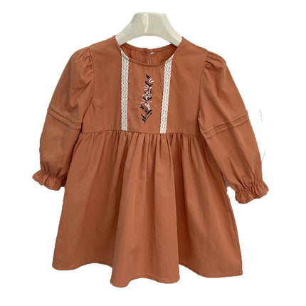 Autumn Girls Embroidered Dress Long Sleeve Solid Color Soft Loose Dress