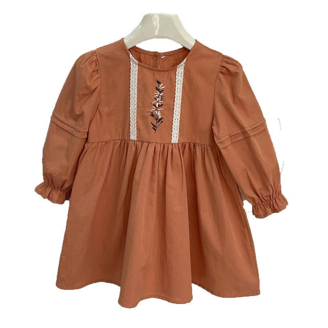 Autumn Girls Embroidered Dress Long Sleeve Solid Color Soft Loose Dress