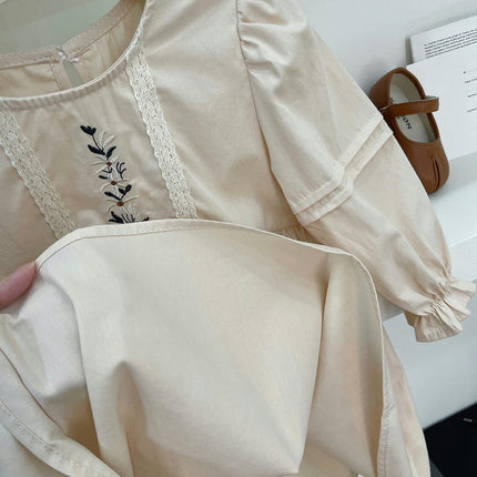 Autumn Girls Embroidered Dress Long Sleeve Solid Color Soft Loose Dress