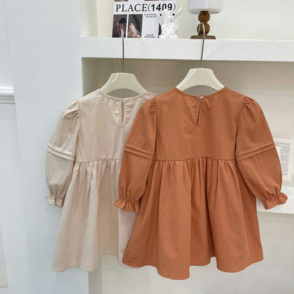 Autumn Girls Embroidered Dress Long Sleeve Solid Color Soft Loose Dress