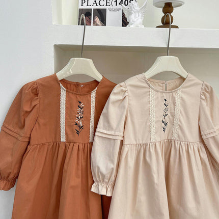 Autumn Girls Embroidered Dress Long Sleeve Solid Color Soft Loose Dress