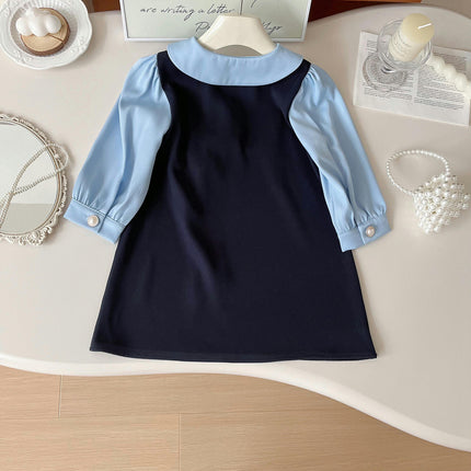 Girls Spring Dress Spliced Lapel Three-Dimensional Flower Long Sleeve Princess Dress