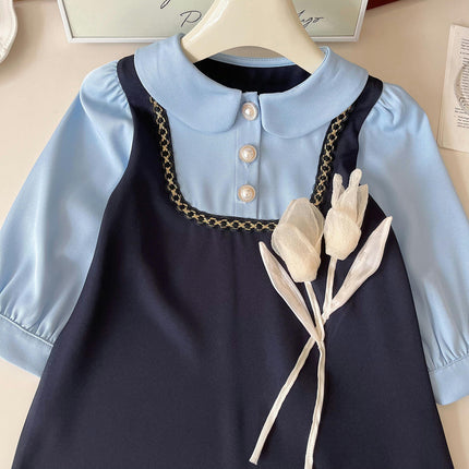 Girls Spring Dress Spliced Lapel Three-Dimensional Flower Long Sleeve Princess Dress