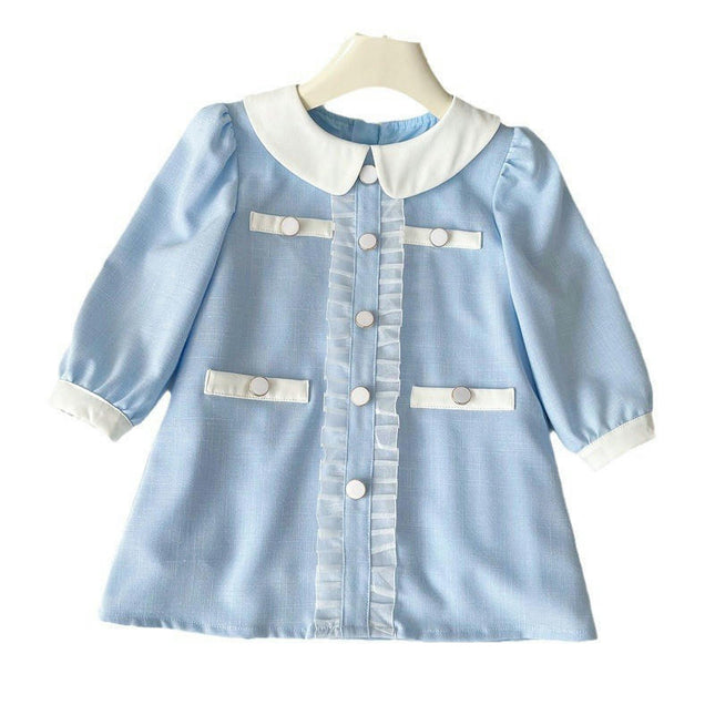 Girls Dress Lapel Button Long Sleeve Casual Sundress A-Line Skirt