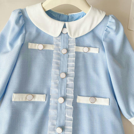 Girls Dress Lapel Button Long Sleeve Casual Sundress A-Line Skirt