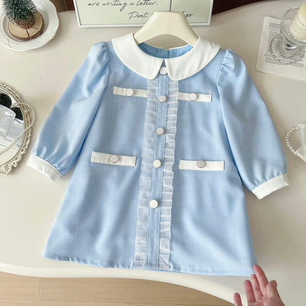 Girls Dress Lapel Button Long Sleeve Casual Sundress A-Line Skirt