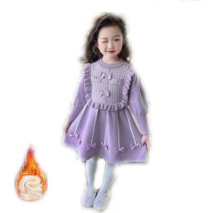 Girls Autumn and Winter Knitted Dress Round Neck Long Sleeve Bowknot Sweater Dress