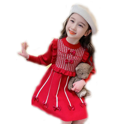 Girls Autumn and Winter Knitted Dress Round Neck Long Sleeve Bowknot Sweater Dress