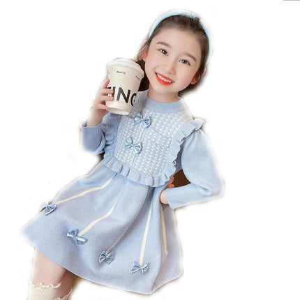 Girls Autumn and Winter Knitted Dress Round Neck Long Sleeve Bowknot Sweater Dress