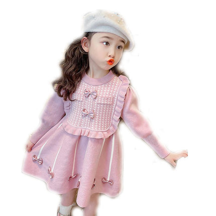 Girls Autumn and Winter Knitted Dress Round Neck Long Sleeve Bowknot Sweater Dress