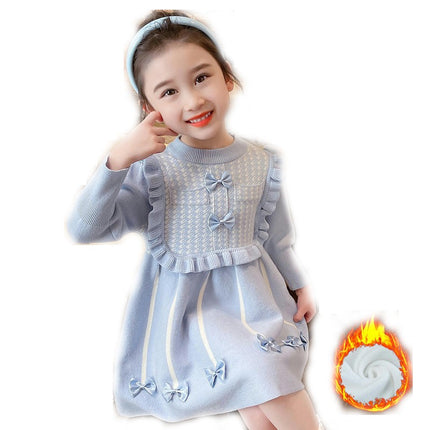 Girls Autumn and Winter Knitted Dress Round Neck Long Sleeve Bowknot Sweater Dress