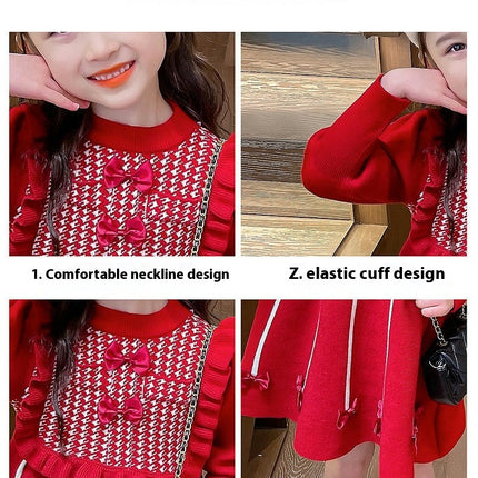 Girls Autumn and Winter Knitted Dress Round Neck Long Sleeve Bowknot Sweater Dress