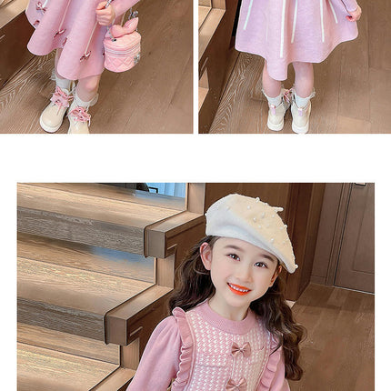 Girls Autumn and Winter Knitted Dress Round Neck Long Sleeve Bowknot Sweater Dress