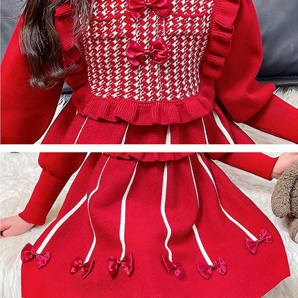 Girls Autumn and Winter Knitted Dress Round Neck Long Sleeve Bowknot Sweater Dress