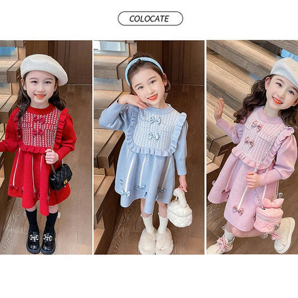 Girls Autumn and Winter Knitted Dress Round Neck Long Sleeve Bowknot Sweater Dress
