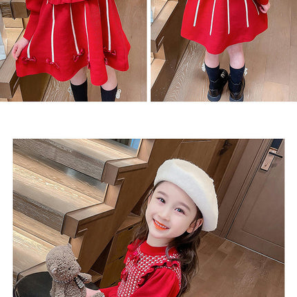 Girls Autumn and Winter Knitted Dress Round Neck Long Sleeve Bowknot Sweater Dress