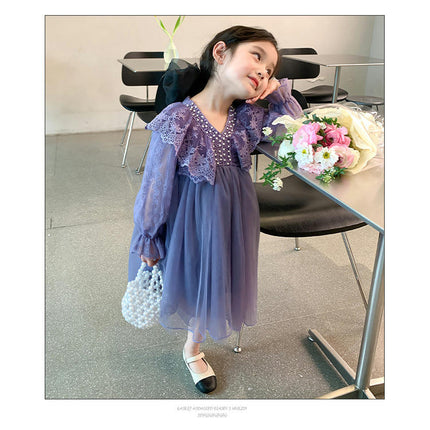 Girls Beaded V-neck Long Sleeve Dress Fashionable Lace Flowing Princess Dress