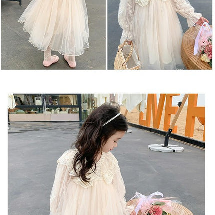 Girls Beaded V-neck Long Sleeve Dress Fashionable Lace Flowing Princess Dress