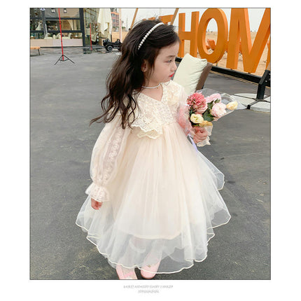 Girls Beaded V-neck Long Sleeve Dress Fashionable Lace Flowing Princess Dress