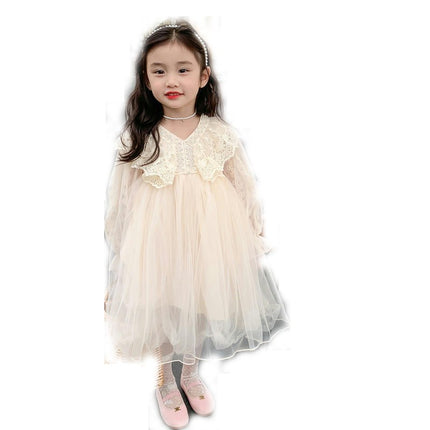 Girls Beaded V-neck Long Sleeve Dress Fashionable Lace Flowing Princess Dress