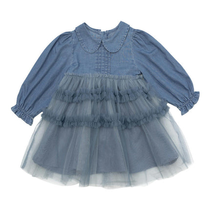 Girls Lapel Long Sleeve Dress Spring and Autumn Denim Mesh Splicing Princess Dress