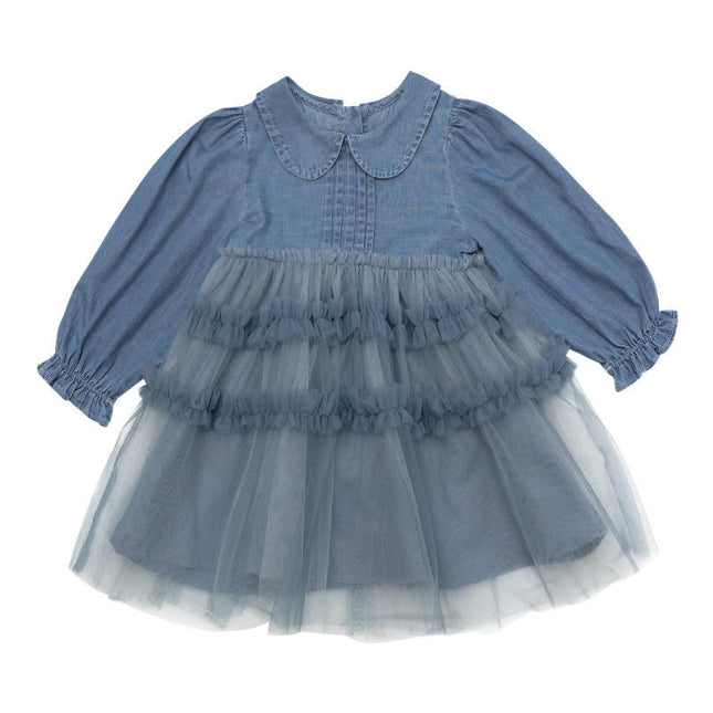 Girls Lapel Long Sleeve Dress Spring and Autumn Denim Mesh Splicing Princess Dress