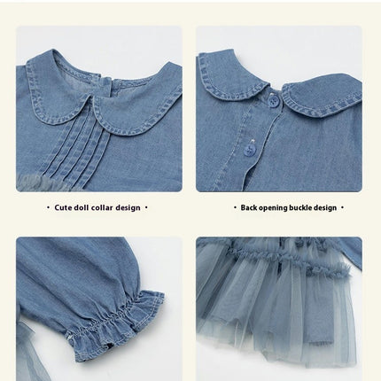 Girls Lapel Long Sleeve Dress Spring and Autumn Denim Mesh Splicing Princess Dress