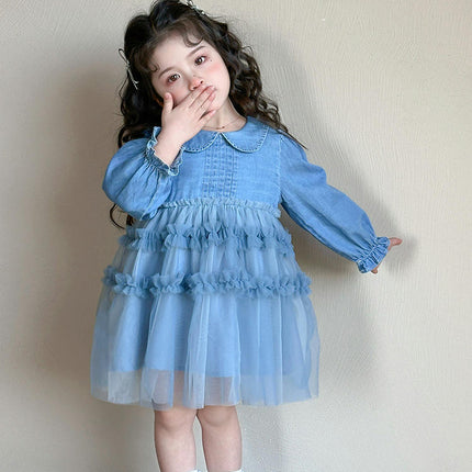 Girls Lapel Long Sleeve Dress Spring and Autumn Denim Mesh Splicing Princess Dress