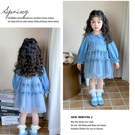 Girls Lapel Long Sleeve Dress Spring and Autumn Denim Mesh Splicing Princess Dress