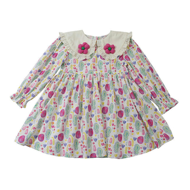 Girls Flower Peter Pan Collar Dress Spring and Autumn Long Sleeve Floral Dress