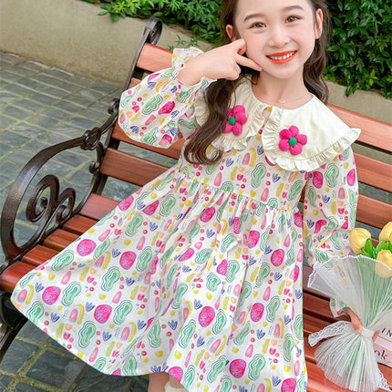 Girls Flower Peter Pan Collar Dress Spring and Autumn Long Sleeve Floral Dress