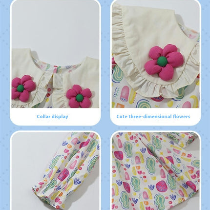 Girls Flower Peter Pan Collar Dress Spring and Autumn Long Sleeve Floral Dress